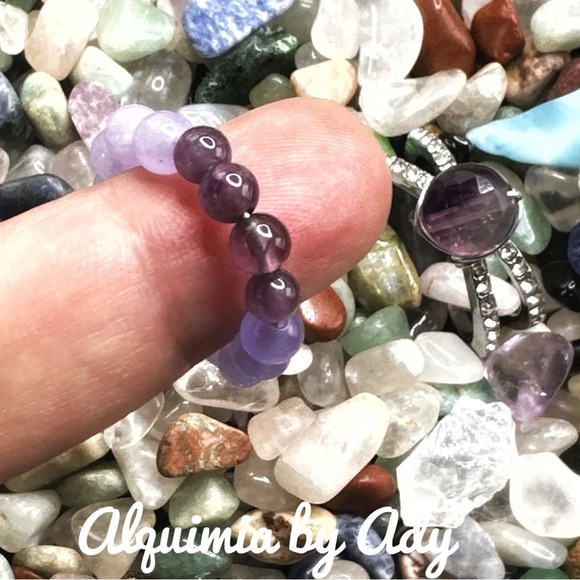 Amethyst purple jade beaded handmade statement ring gem band dainty colorful - Picture 2 of 6